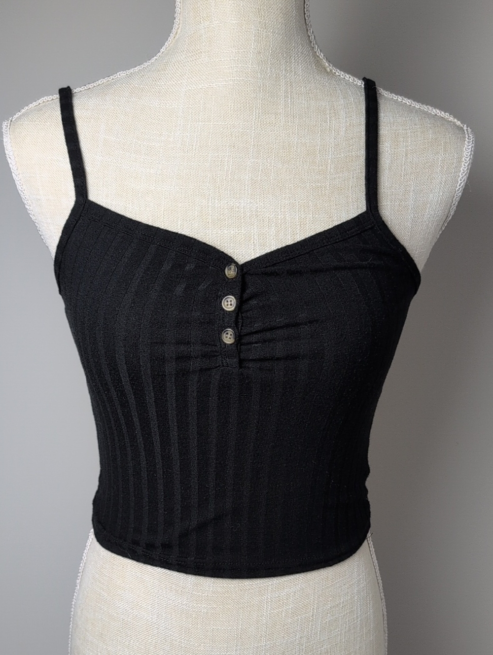 Topshop Black Ribbed Button-Front Spaghetti Strap Camisole